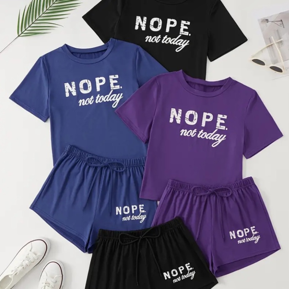 2-pc Women's Summer Casual Letter Print Short Sleeve & Shorts Clothing